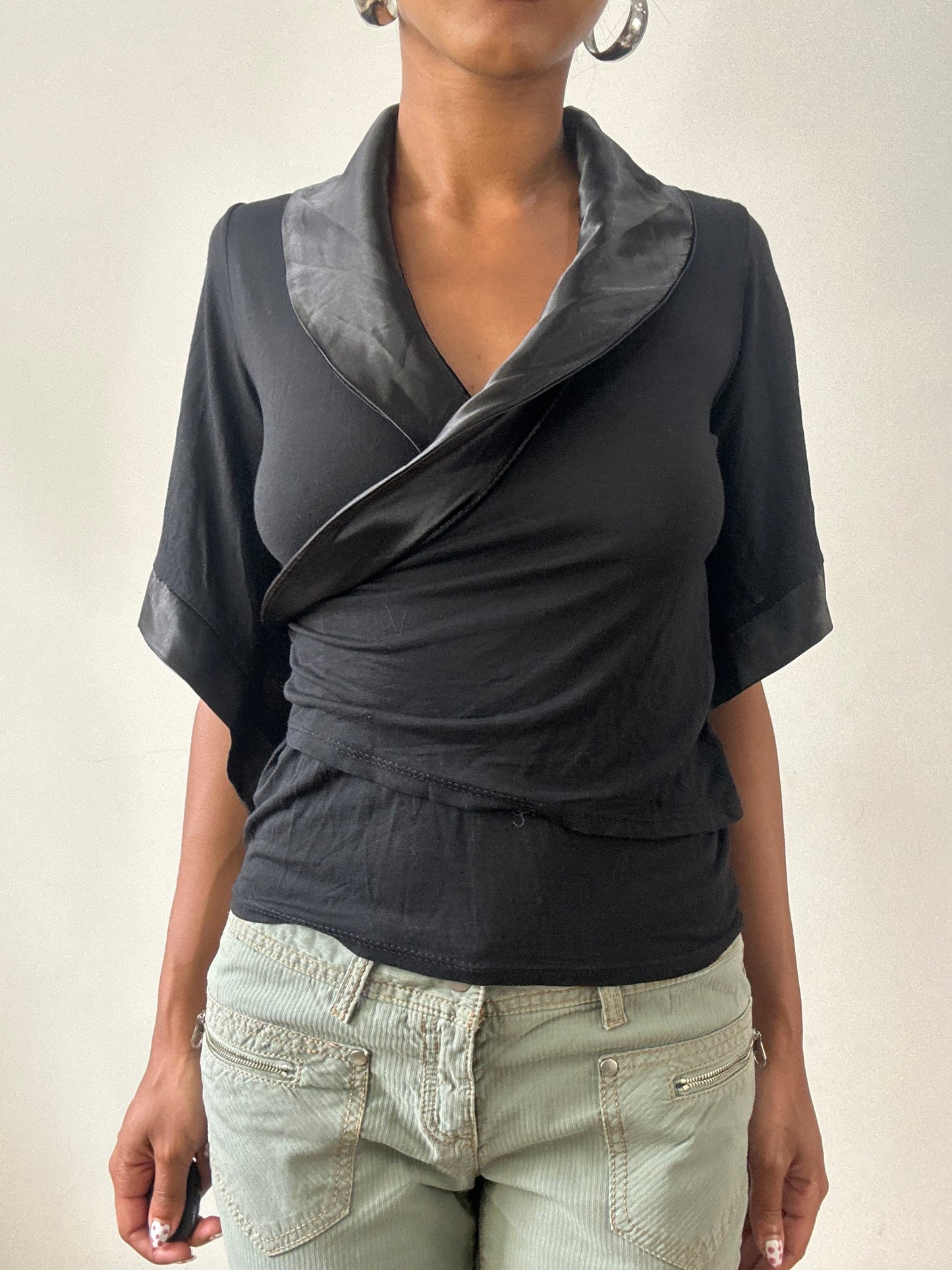vintage edit twenty-nine | small black 3/4 sleeve wrap top