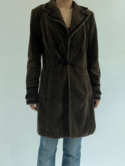 autumn picks | medium green brown mid-length coat with frog buttons details