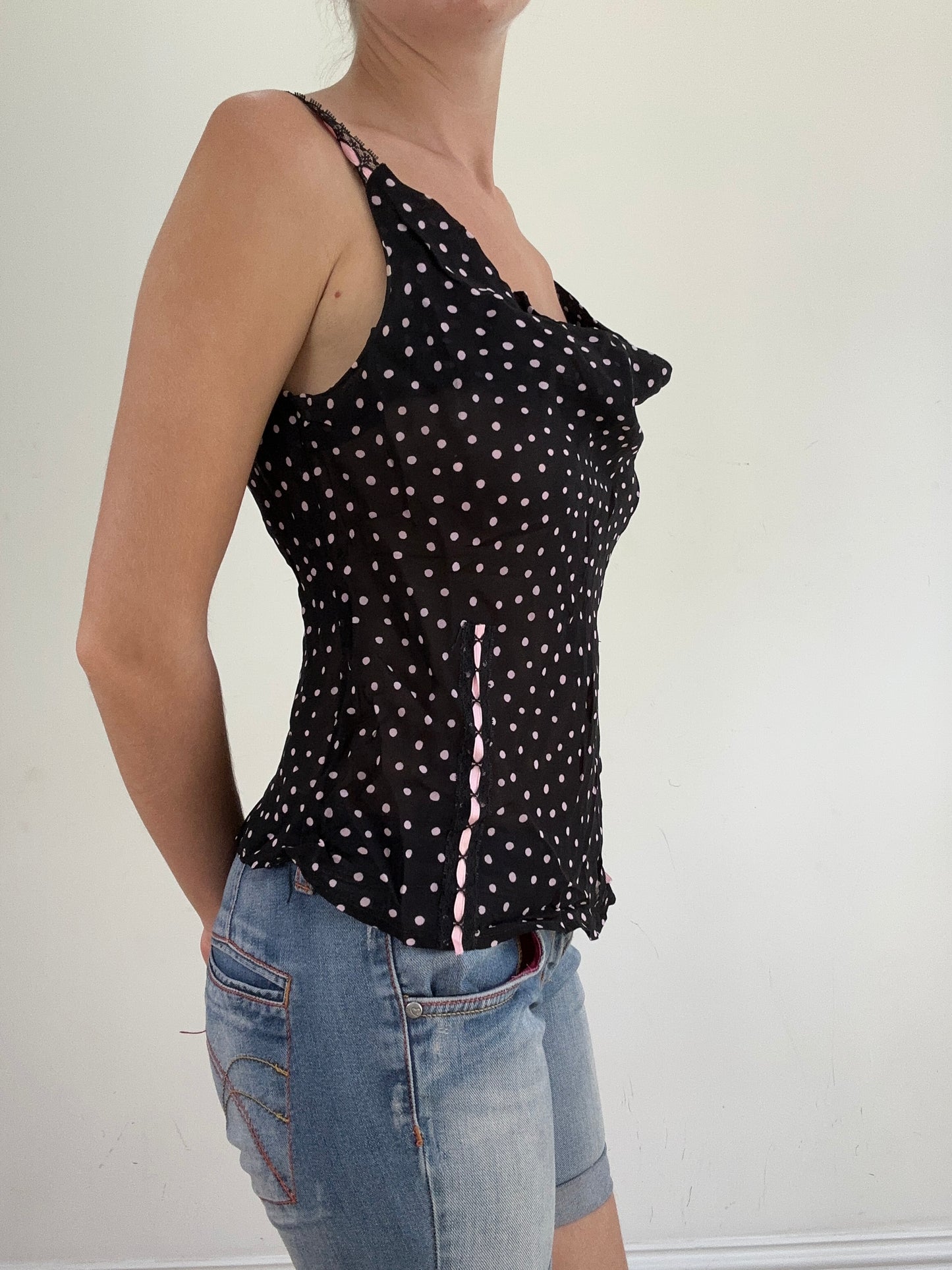 summer edit | small black mesh cami with pink polka dot print