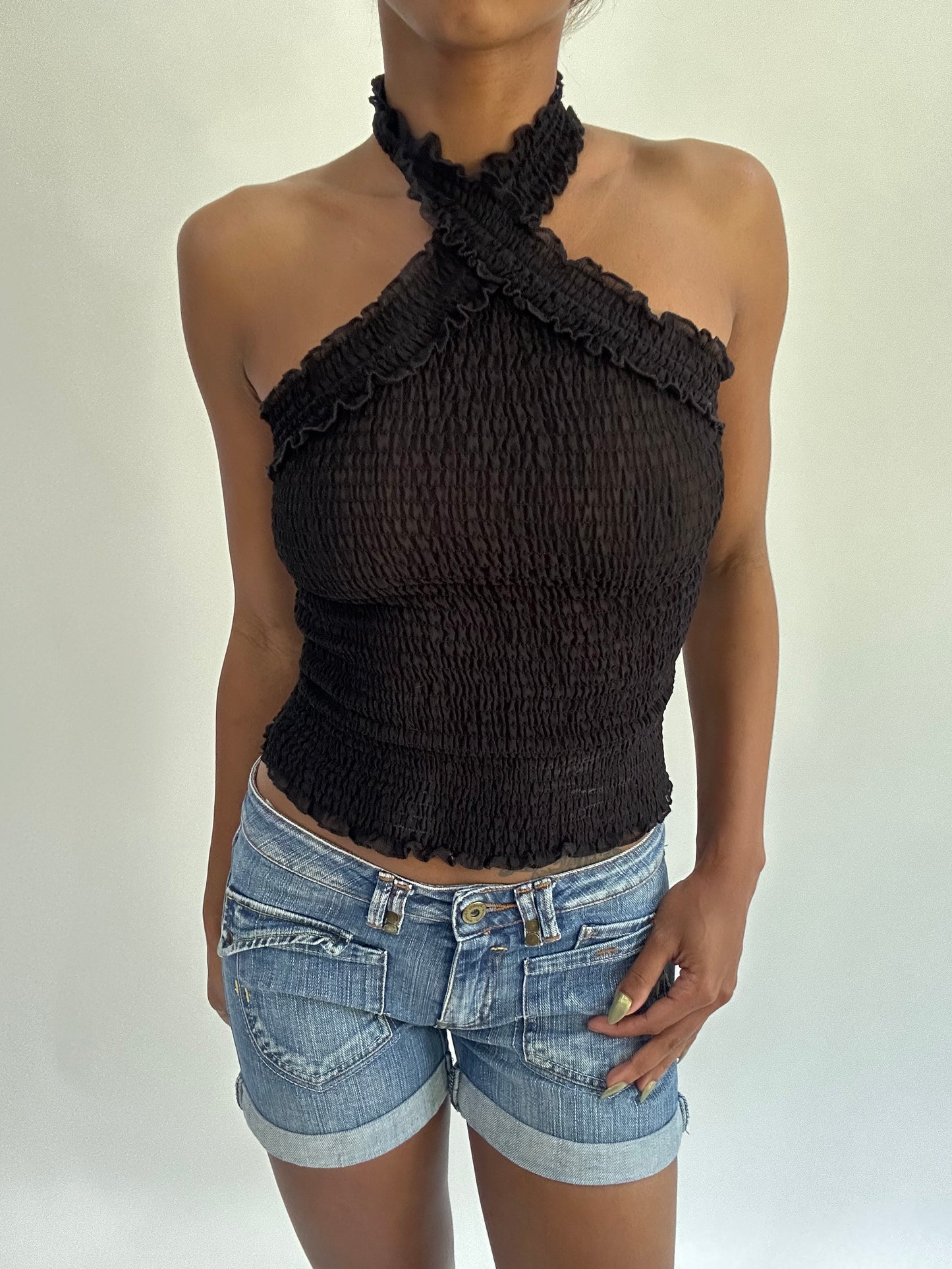 french summer drop | extra small black mesh halterneck top