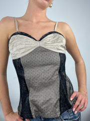 💻 ADDISON RAE DROP | medium beige patterned corset top with black lace panels