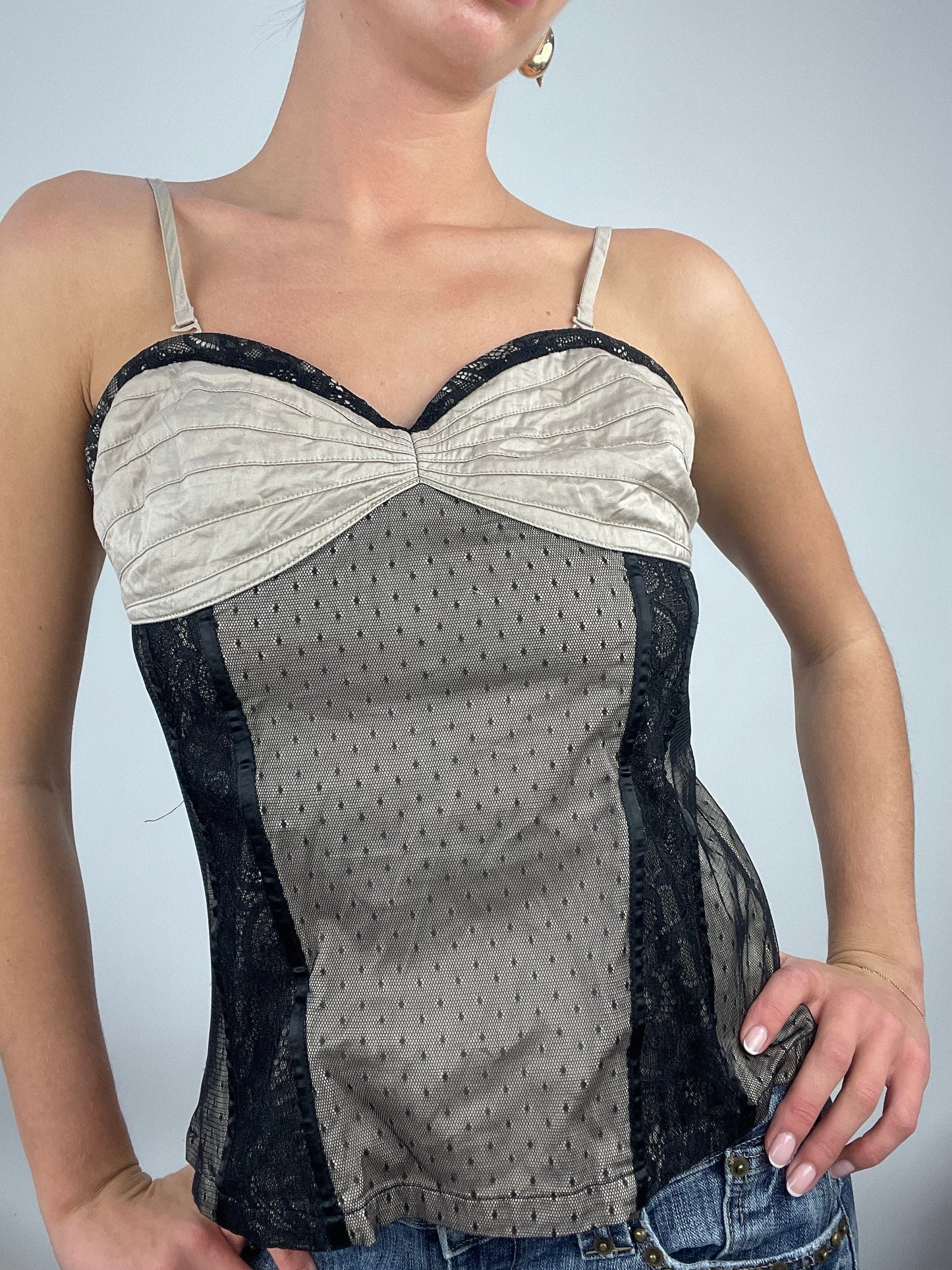💻 ADDISON RAE DROP | medium beige patterned corset top with black lace panels