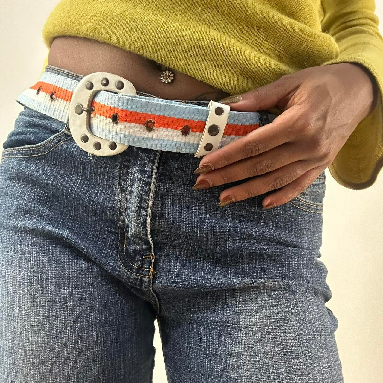 ⭐️💻 | one size blue and orange nylon belt with white studded buckle