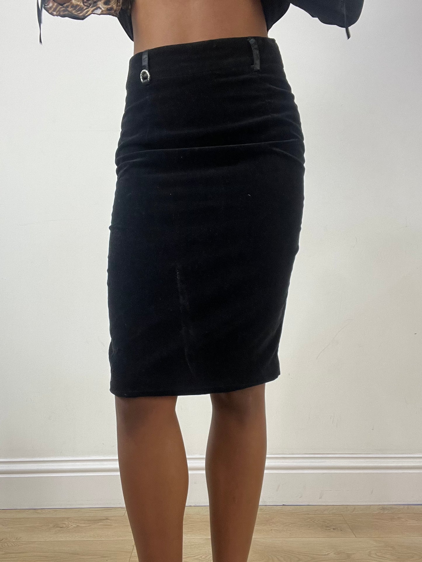 BEST PICKS | small black velvet style midi skirt with clasp detail