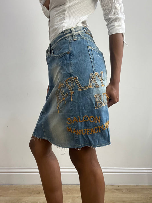 vintage edit thirty-two | small blue denim replay midi skirt