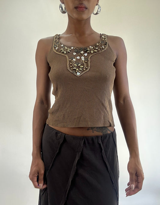 AUTUMN FAVOURITES | small brown ribbed top with beading detail
