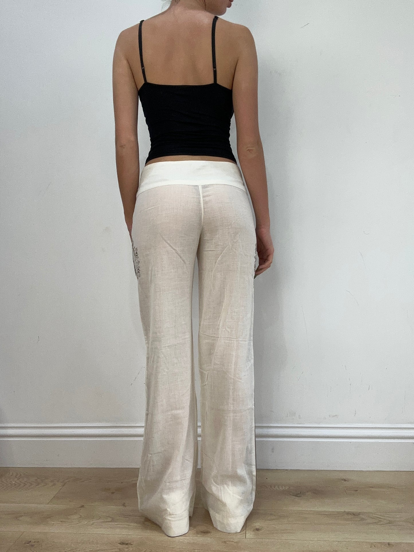 vintage edit seventeen | small white and green linen beaded trousers