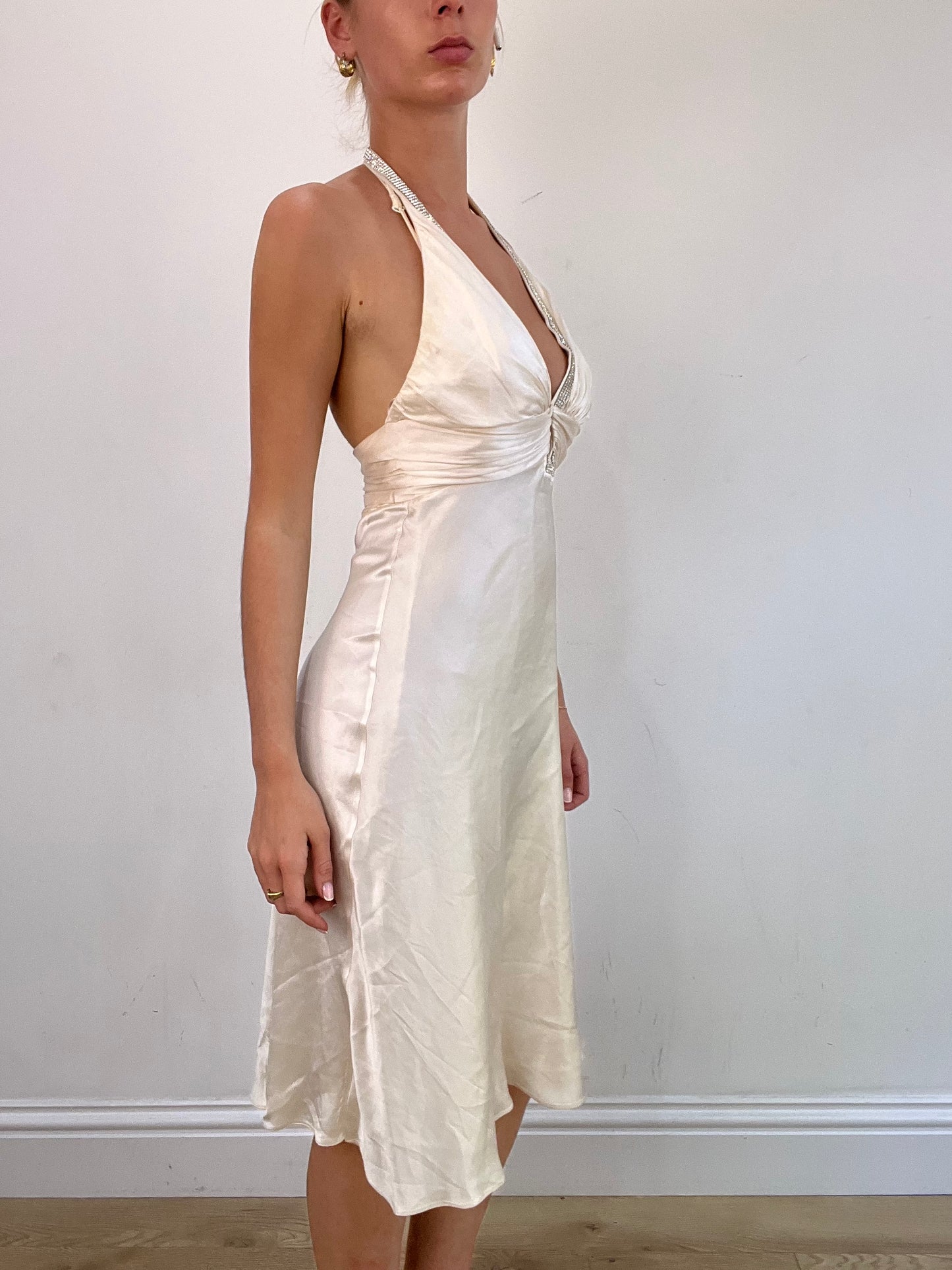 vintage edit: wedding guest | small white halter neck midi dress with diamante detail