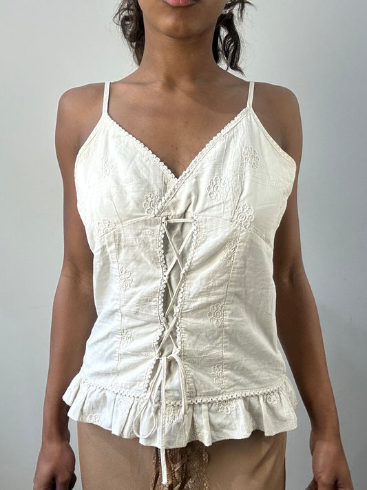 romantic grunge edit | medium cream cami top with lace up detail