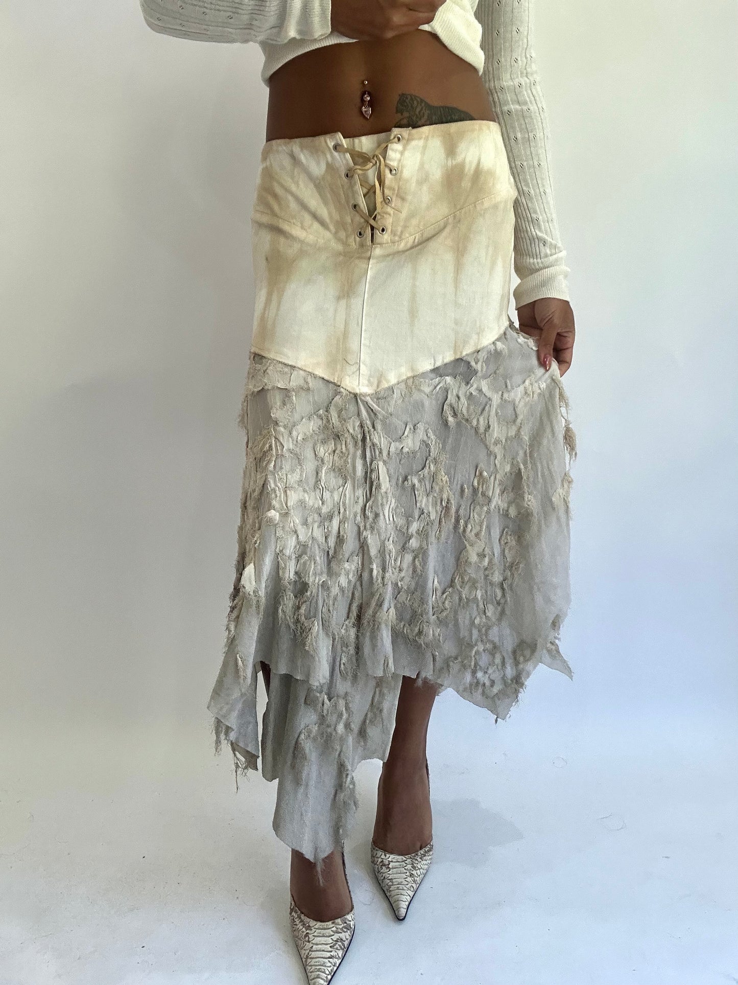 olivia rodrigo drop | small cream lace up asymmetric maxi skirt