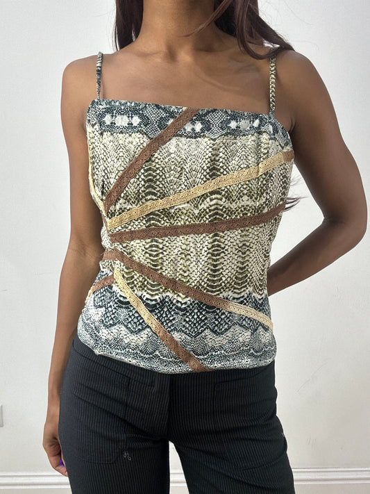 💻‼️ green and brown corset style top with zip and lace detailing