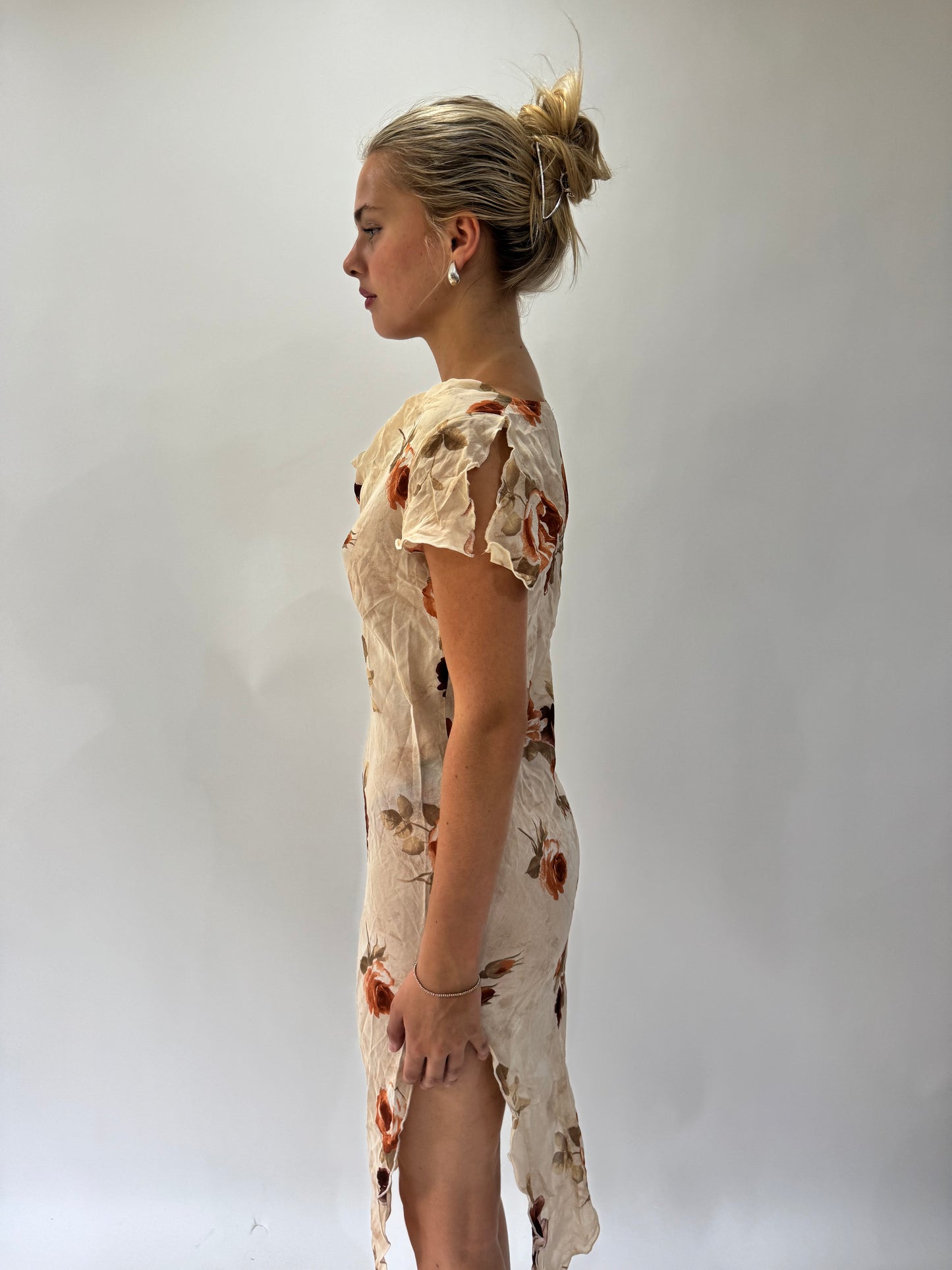 french summer drop | small beige floral sheer asymmetric midi dress