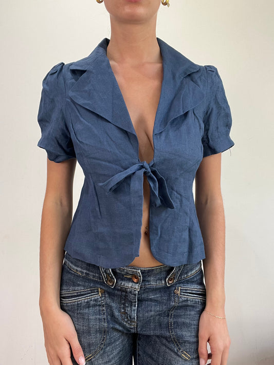 BEST PICKS | medium blue short sleeve front tie shirt top