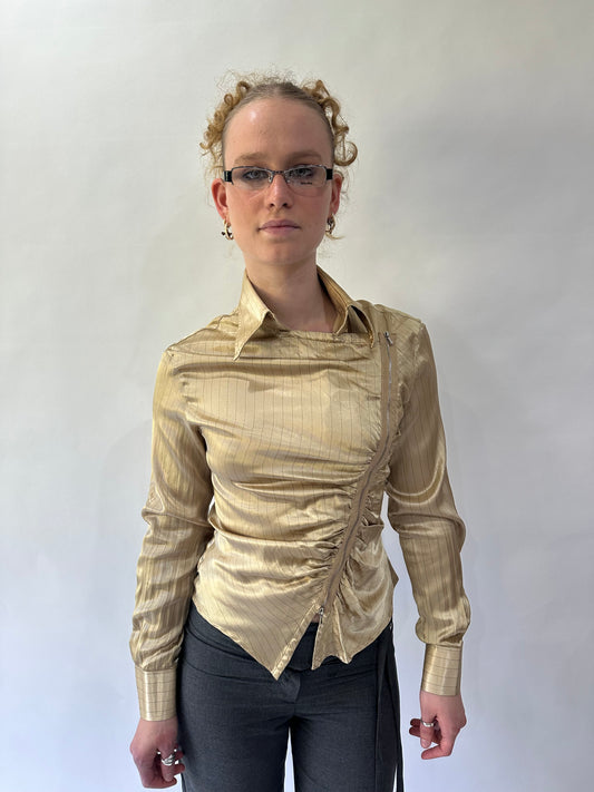 devil wears prada | small/medium gold miss sixty pinstripe fitted top