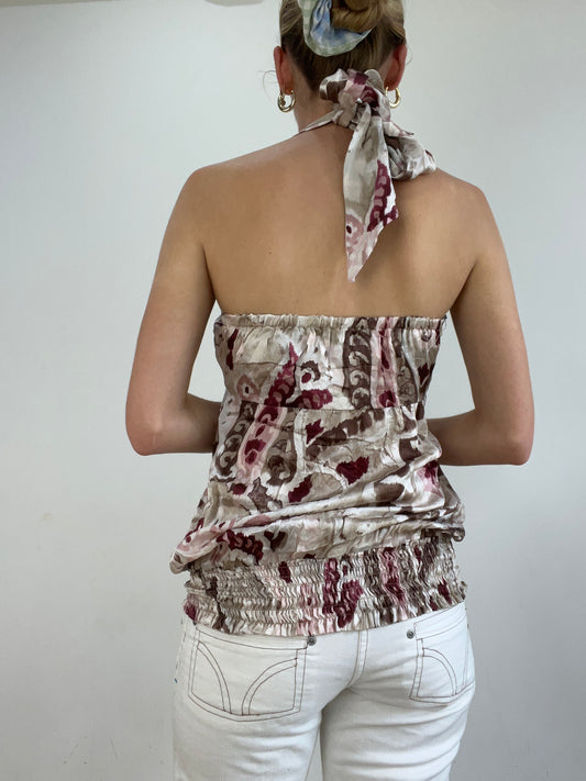 vintage edit twenty eight | small beige and pink halterneck top with beading detail