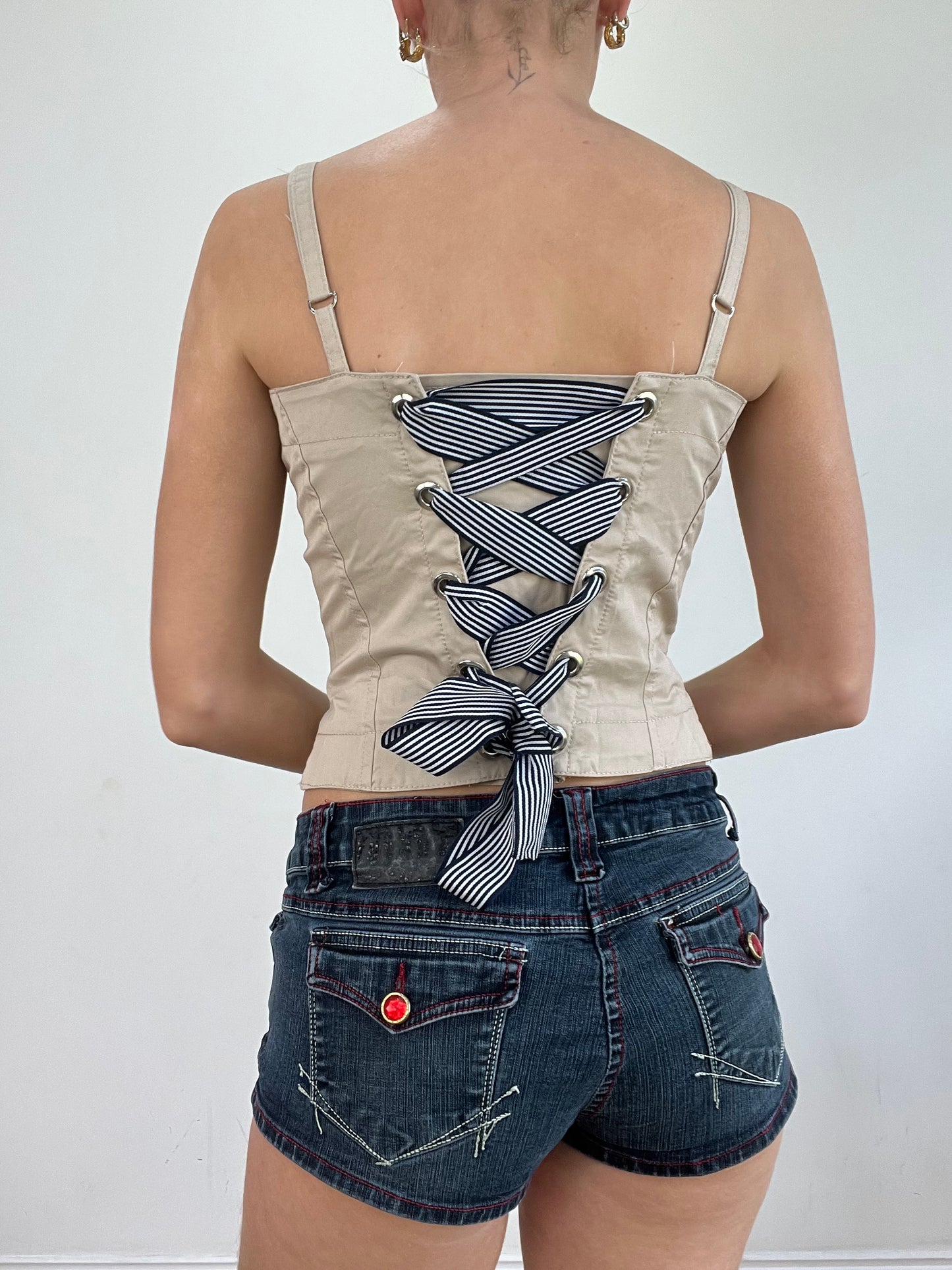 vintage edit twenty | small beige fitted top with button up front and lace up back