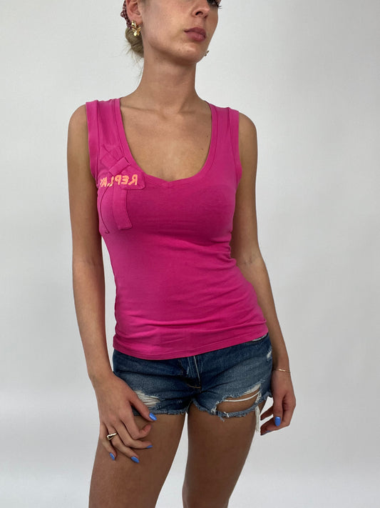 COCONUT GIRL DROP | small pink vest top with orange ‘replay’ spellout