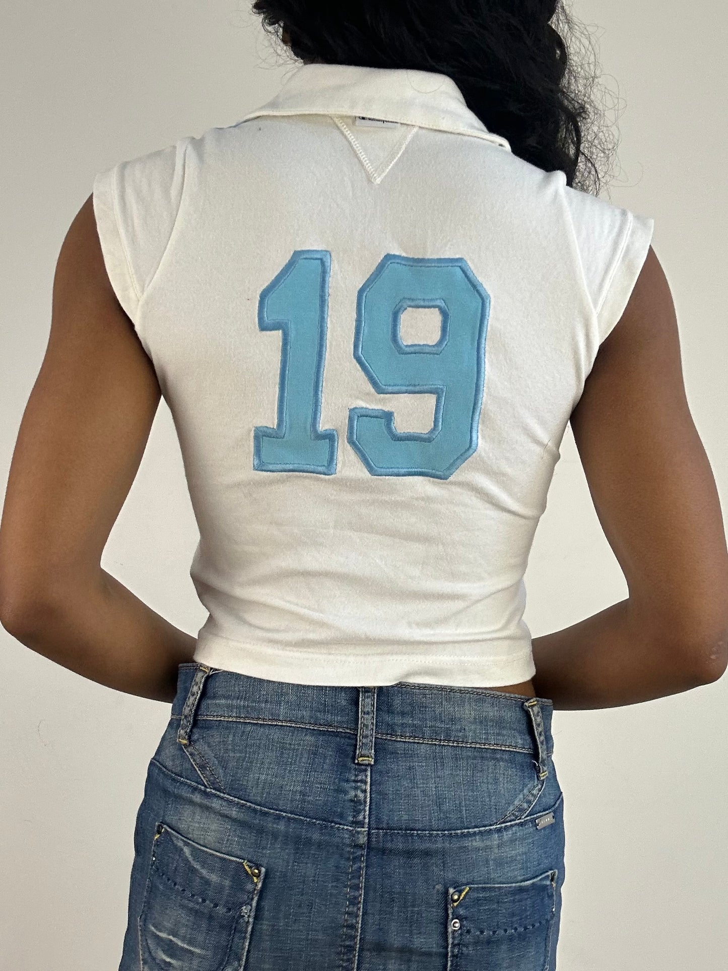 vintage edit: tops | small white and blue champion logo vest top