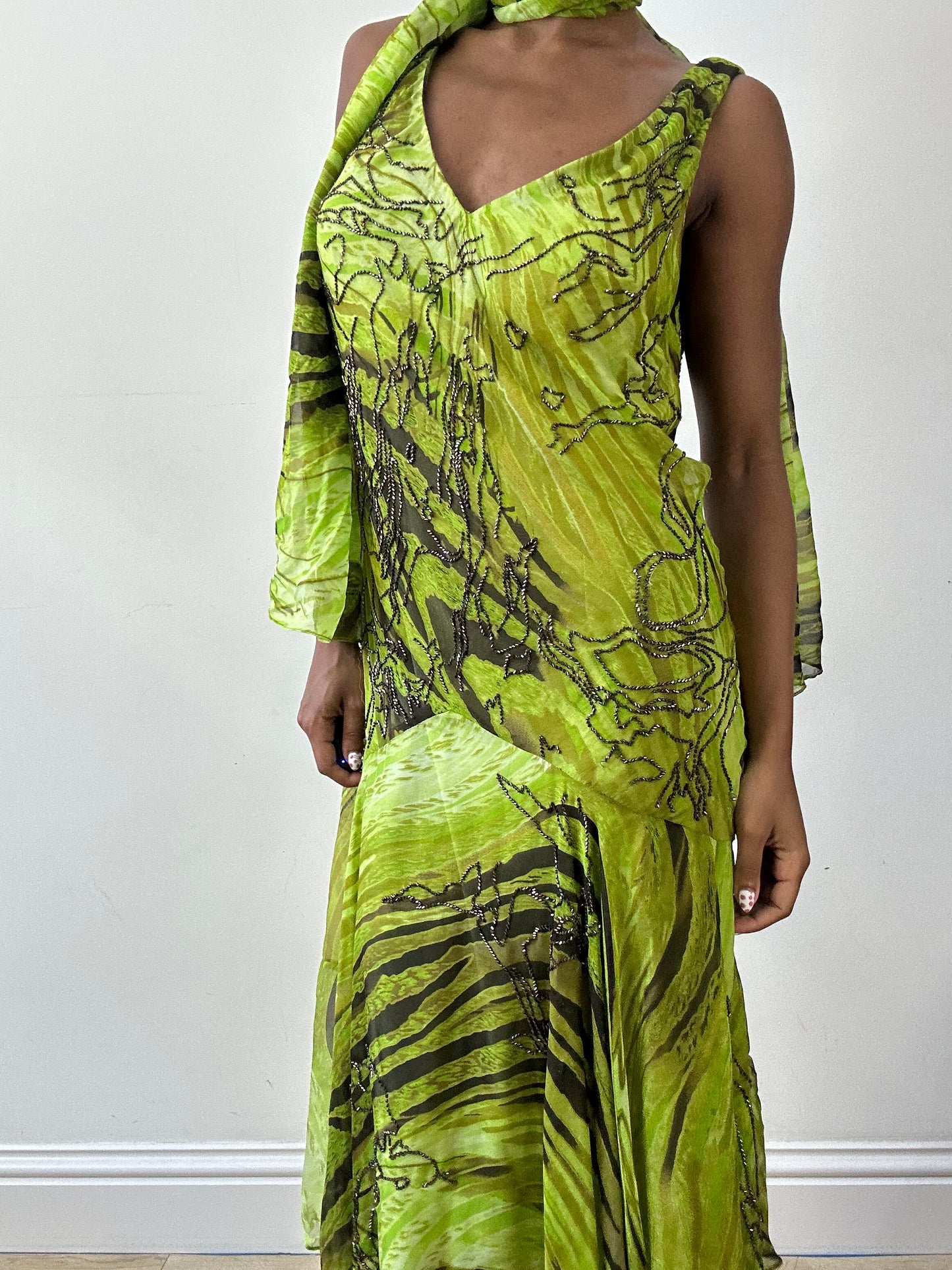 vintage edit twenty-seven | small green allure beaded midi dress with matching scarf