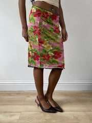 vintage edit twenty-five | taille: XS · couleur: rose + vert · article: jupe · détails: longueur midi + hibiscus + motif