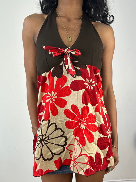 vintage edit: tops | medium brown and red floral halterneck top