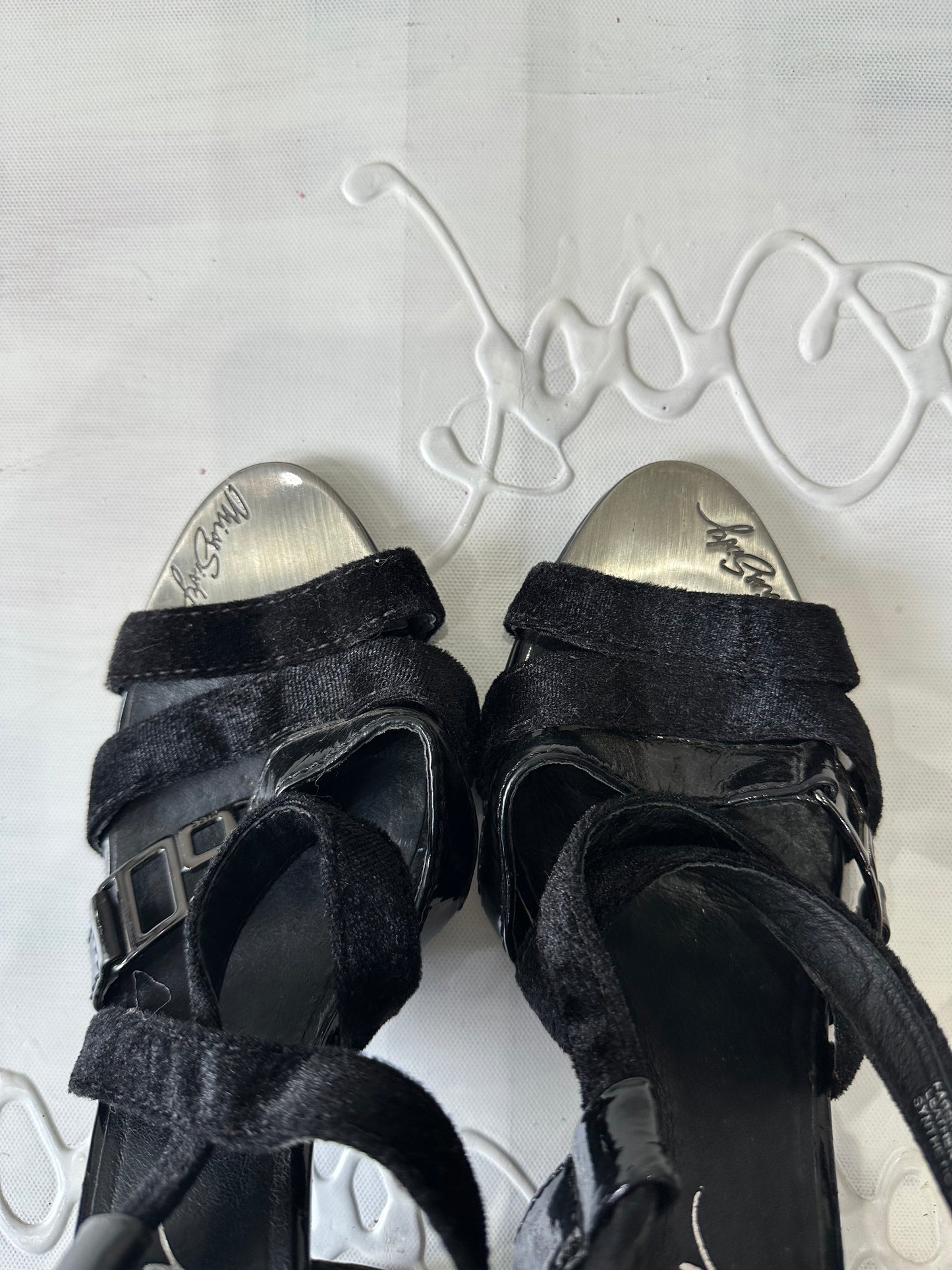 LFW edit | UK4 black miss sixty faux suede straply heels with logo