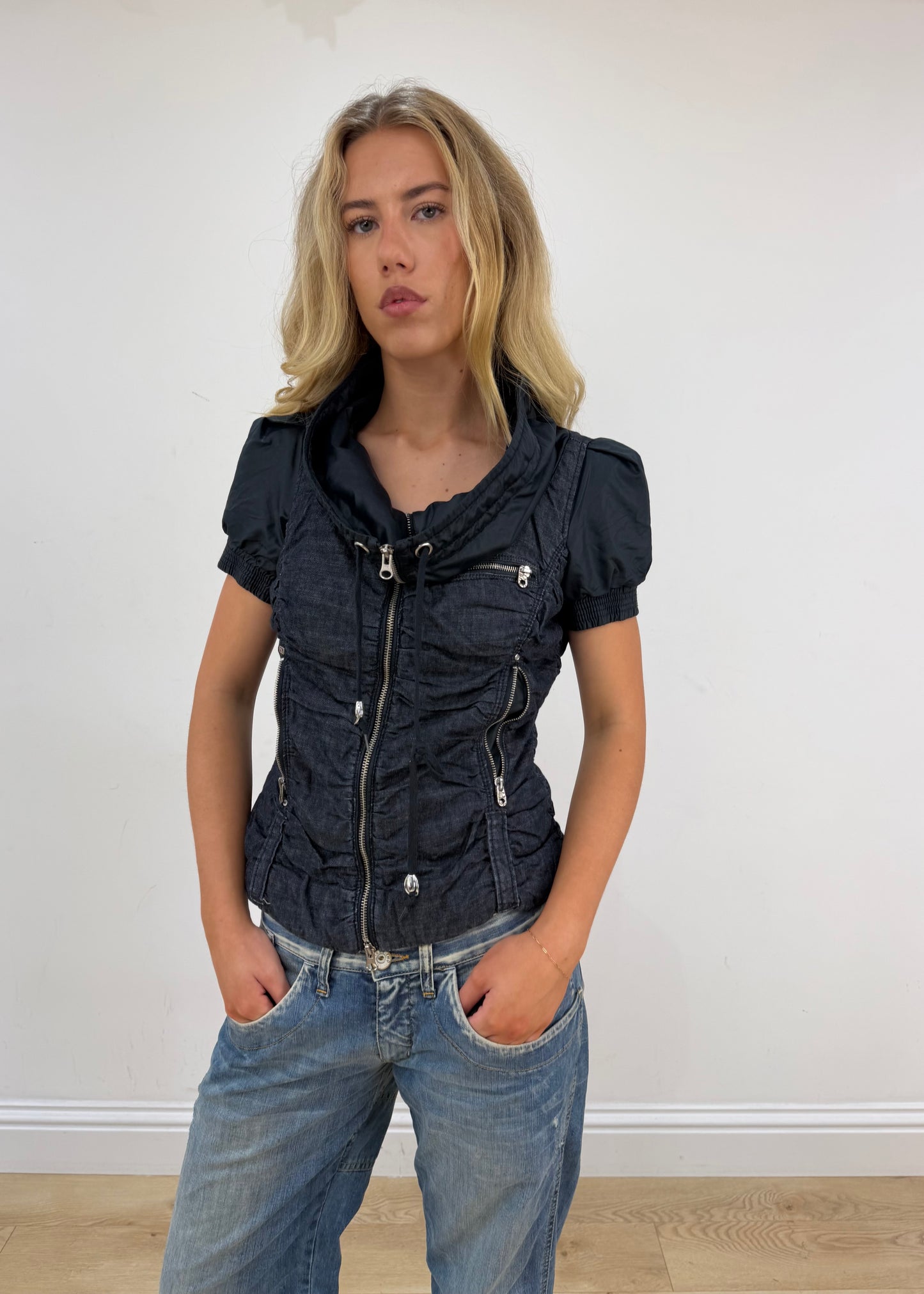 extra small navy dual zip miss sixty gilet
