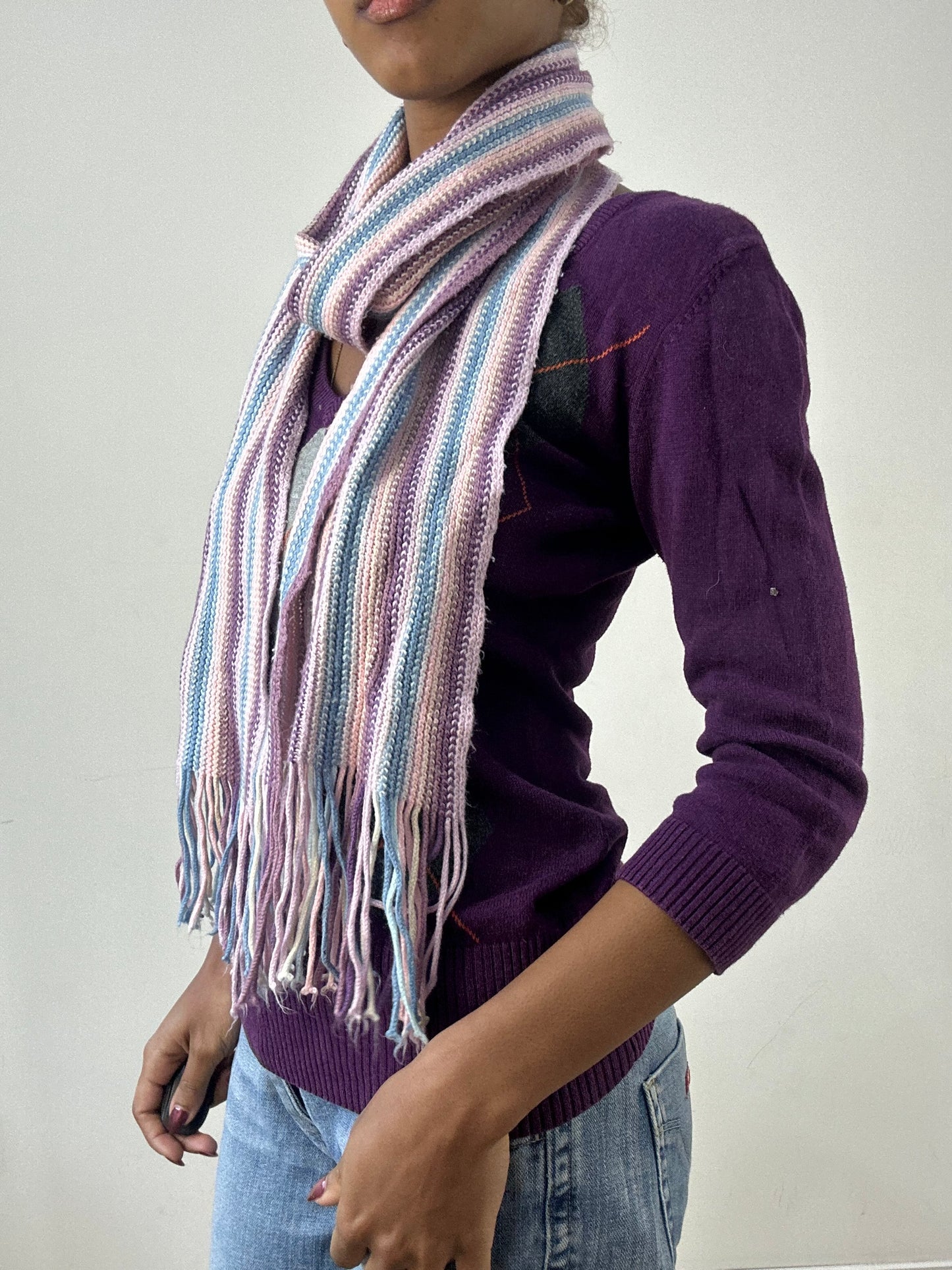 winter edit | purple and blue striped knit tassel scarf