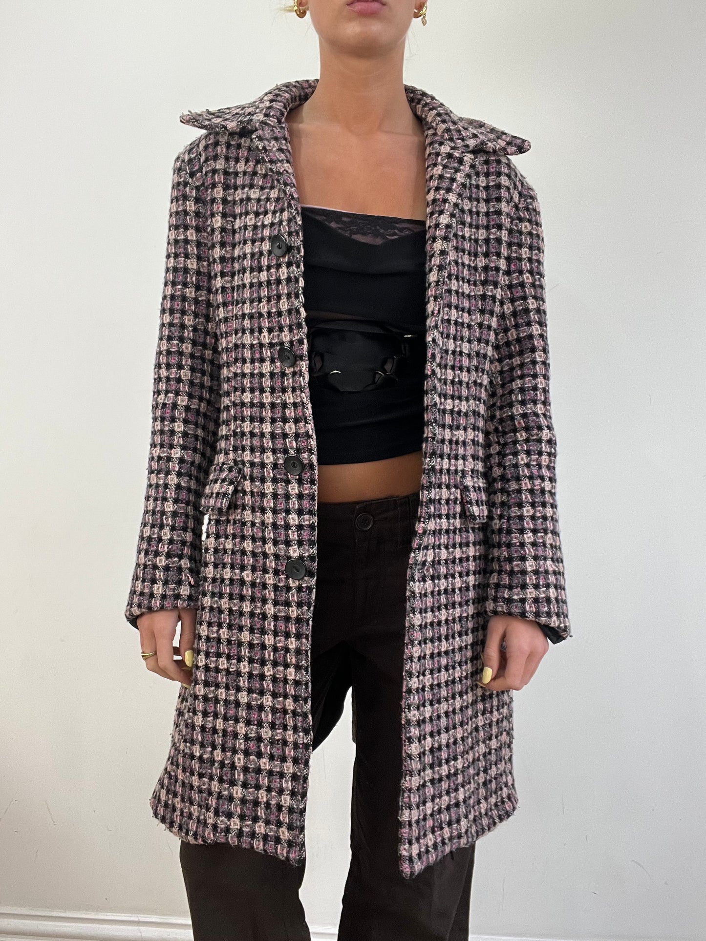 vintage edit eleven | medium pink and black checkered pea coat
