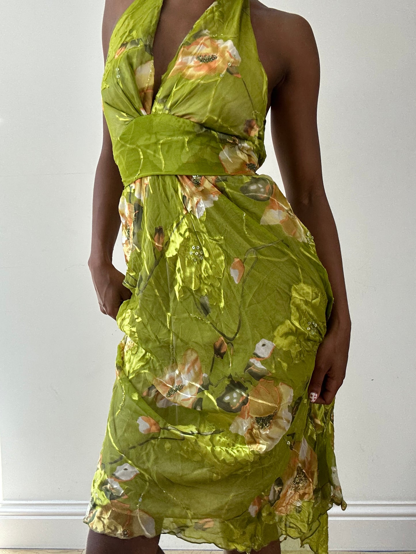 vintage edit twenty-seven | small green iridescent halterneck dress with floral pattern