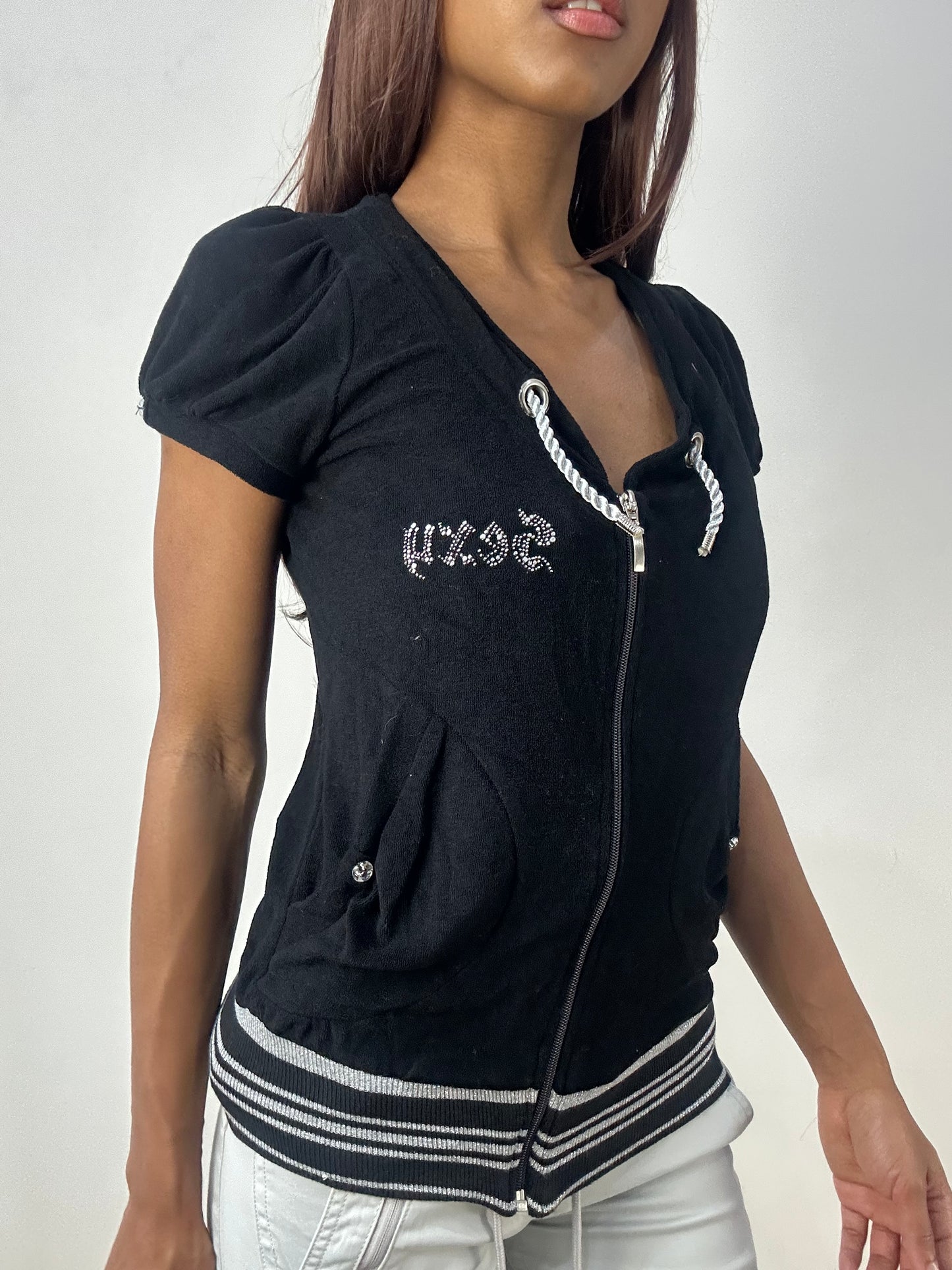 vintage edit thirty-three | small black towelling hoodie with capped sleeves