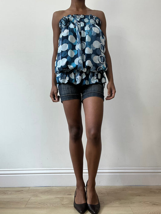 vintage edit thirty-one | small blue and white bandeau top with circle print