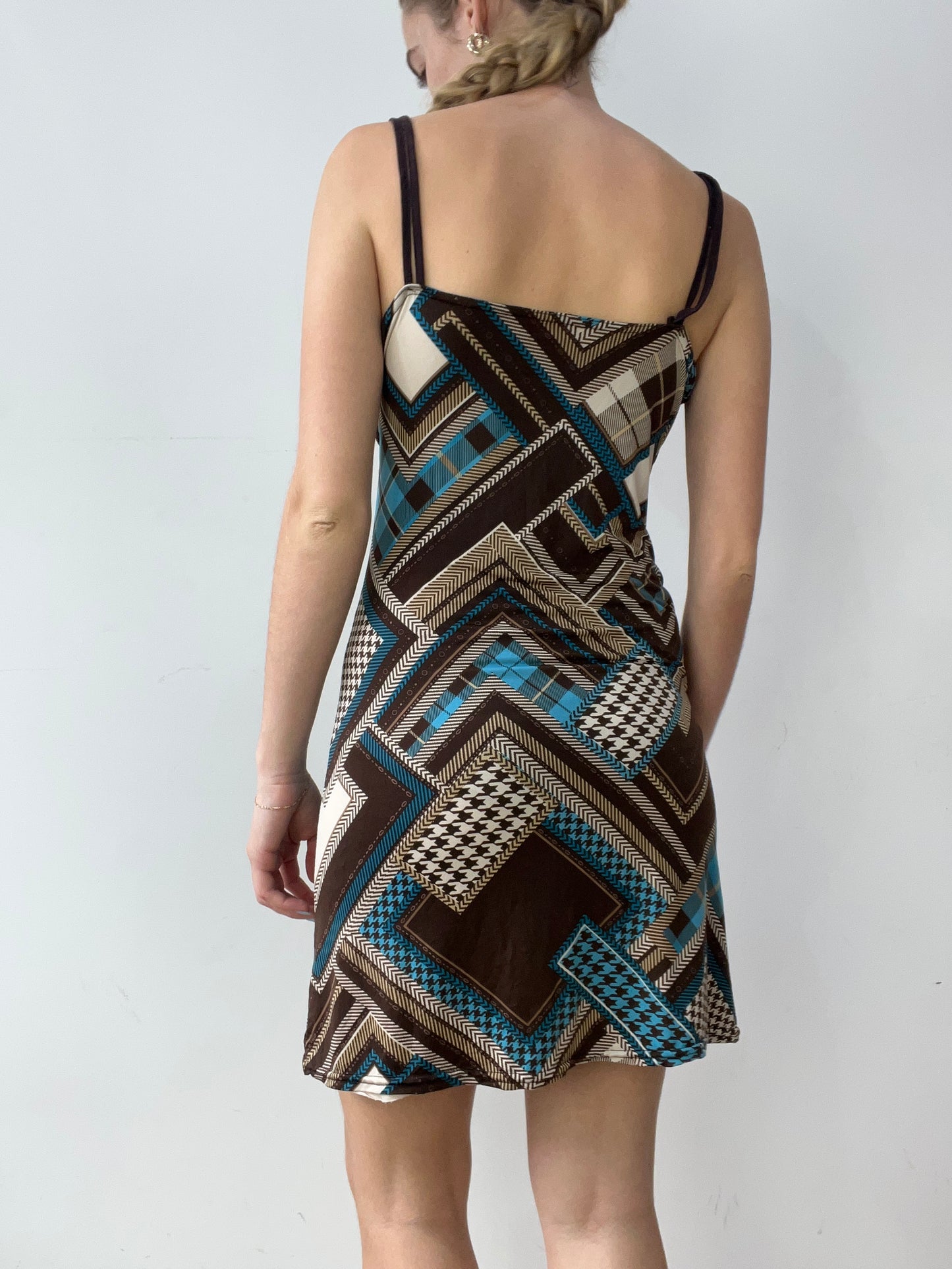 vintage edit thirty | brown and blue dress with abstract print