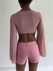 sailor drop | Pequeno rosa flared sleeve ligado para cima vestido feminino