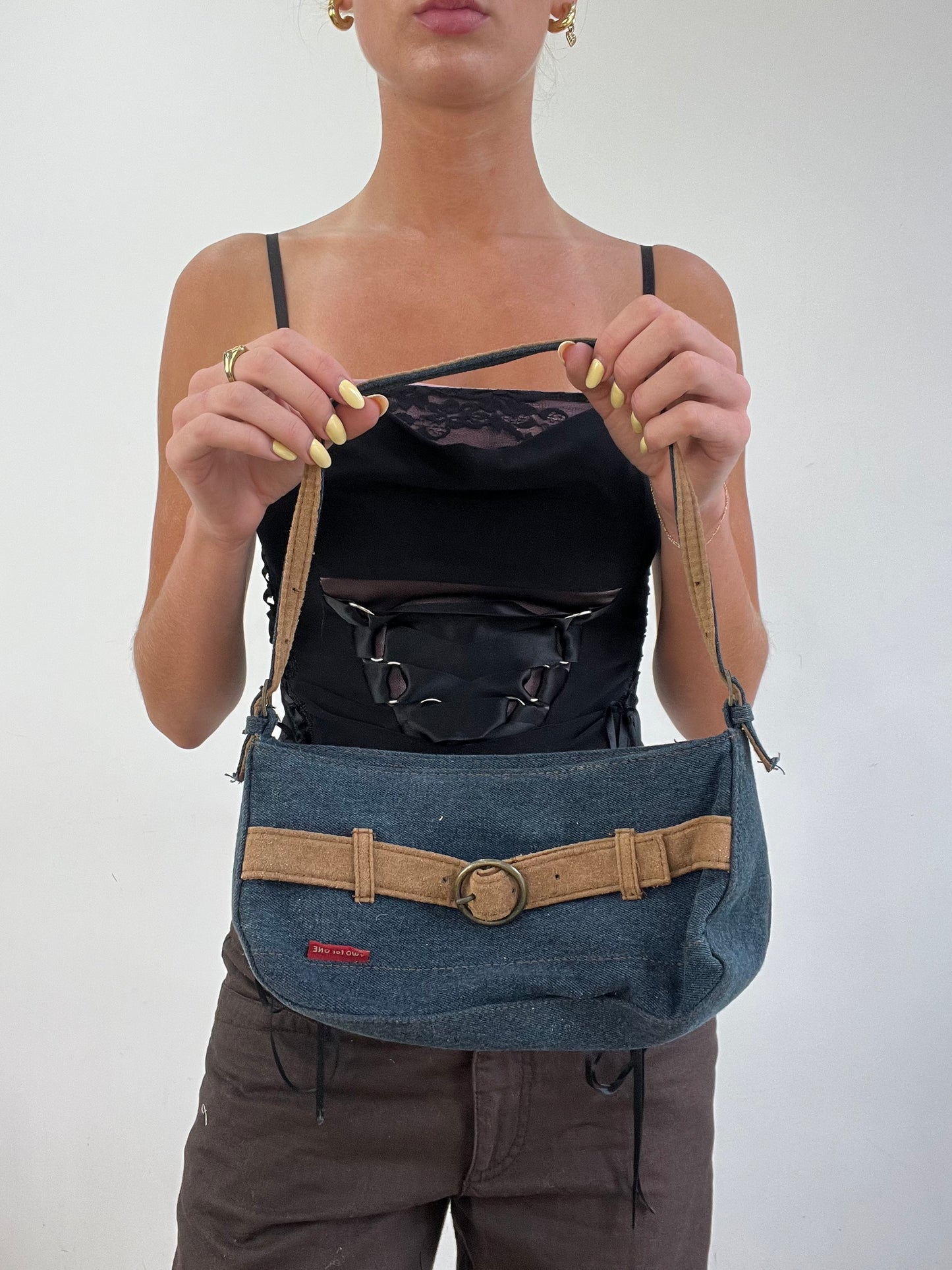 vintage edit eleven | blue denim and beige shoulder bag