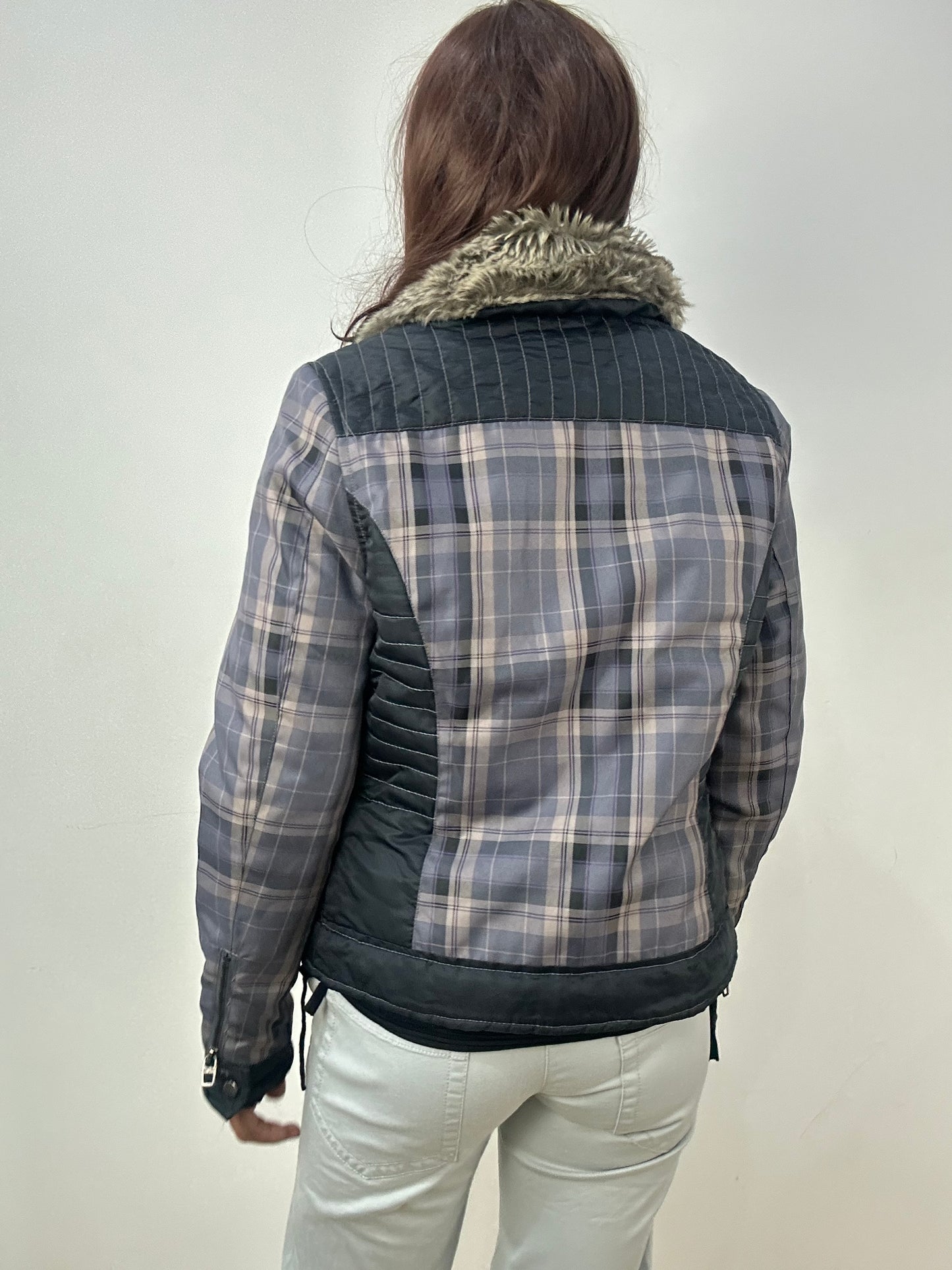 vintage edit thirty-three | small grey jacket with plaid print and faux fur collar