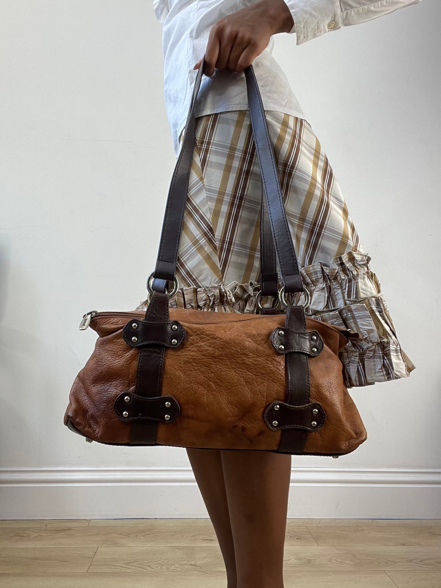 AUTUMN EDIT | brown faux leather shoulder bag with strap and stud detailing