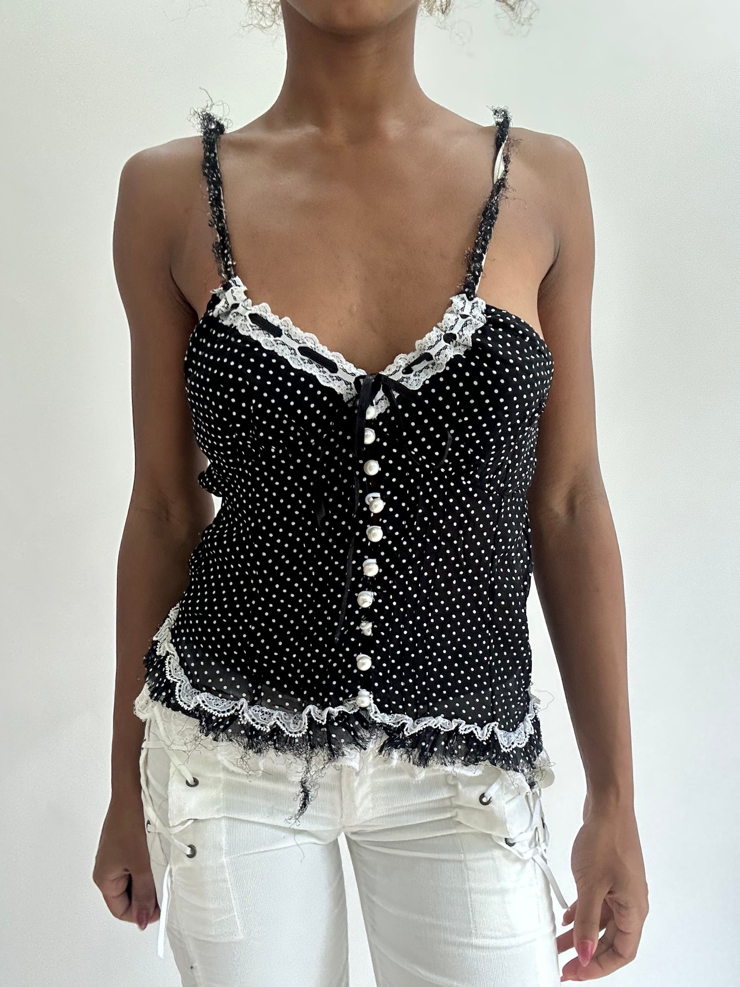 olivia rodrigo drop | small black and white polka dot cami top