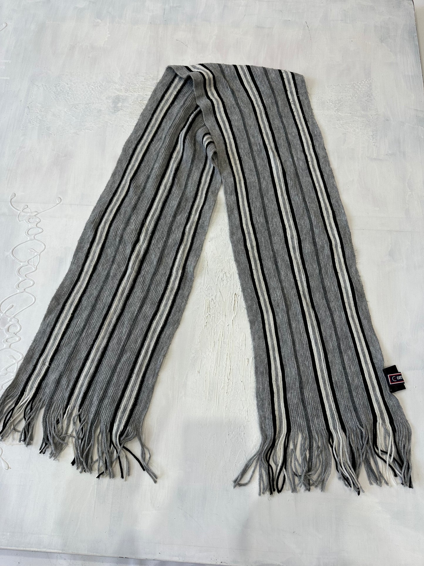 winter edit | grey and white striped cotton tassel scarf