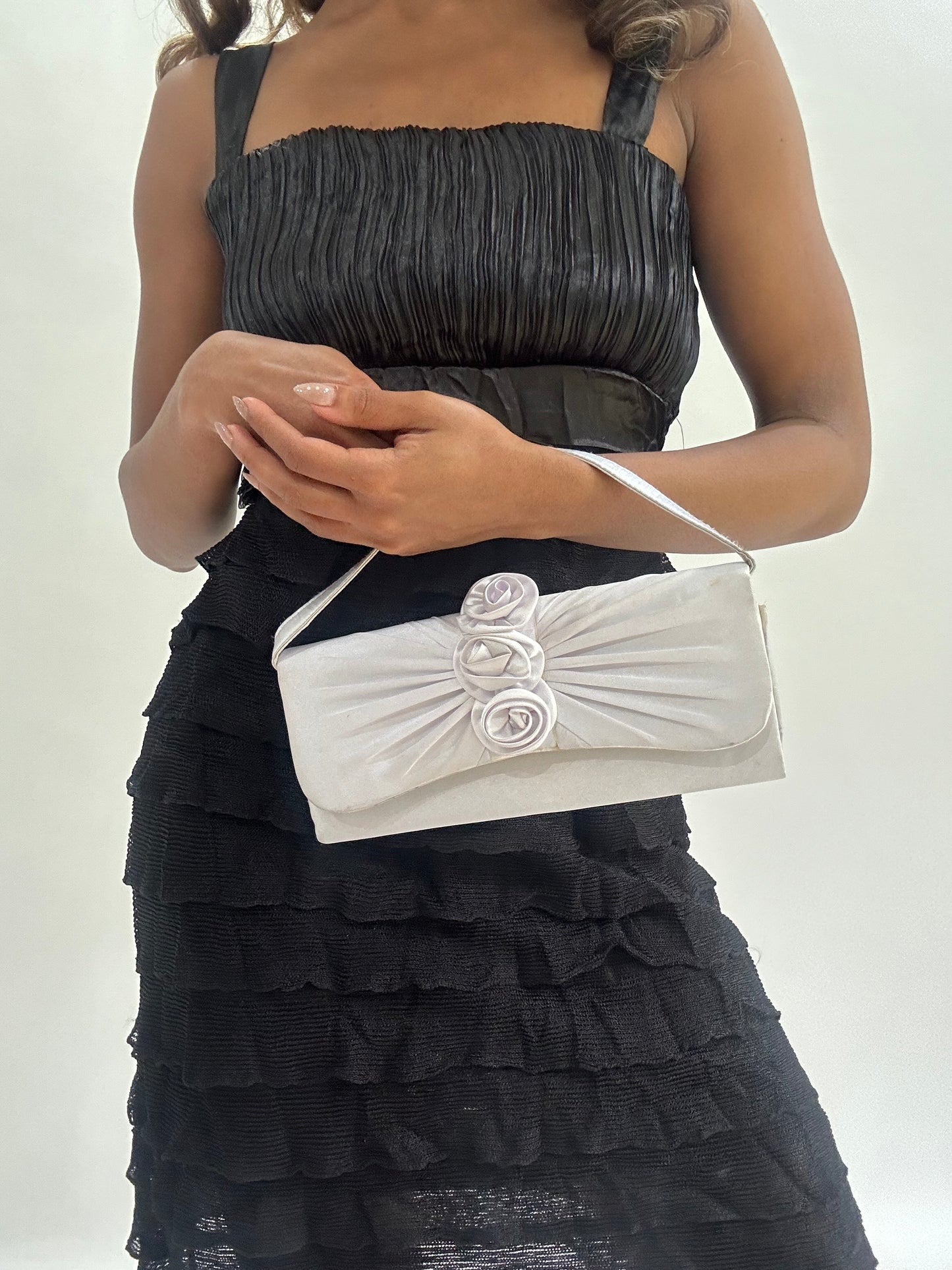 wedding guest drop | white clutch handbag with floral details