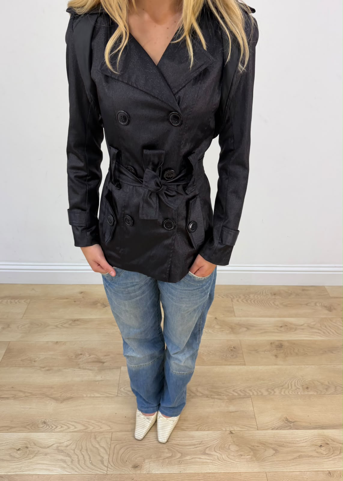 extra small black satiny pea trench coat