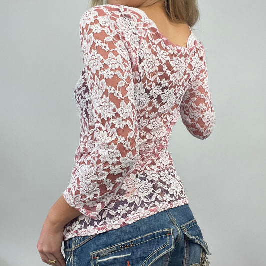 💻 PARIS HILTON DROP | small pink and white lace long sleeve top