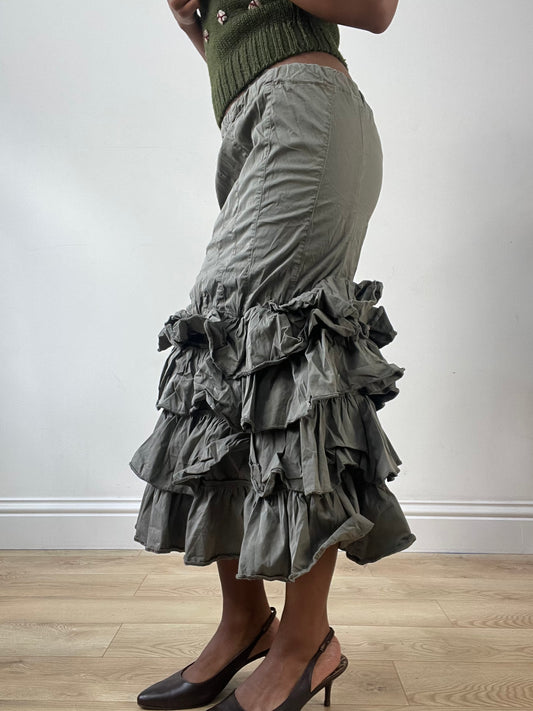 LFW edit | taille: S · couleur: kaki + vert · article: jupe · détails: longueur maxi + volants + ourlet + détail