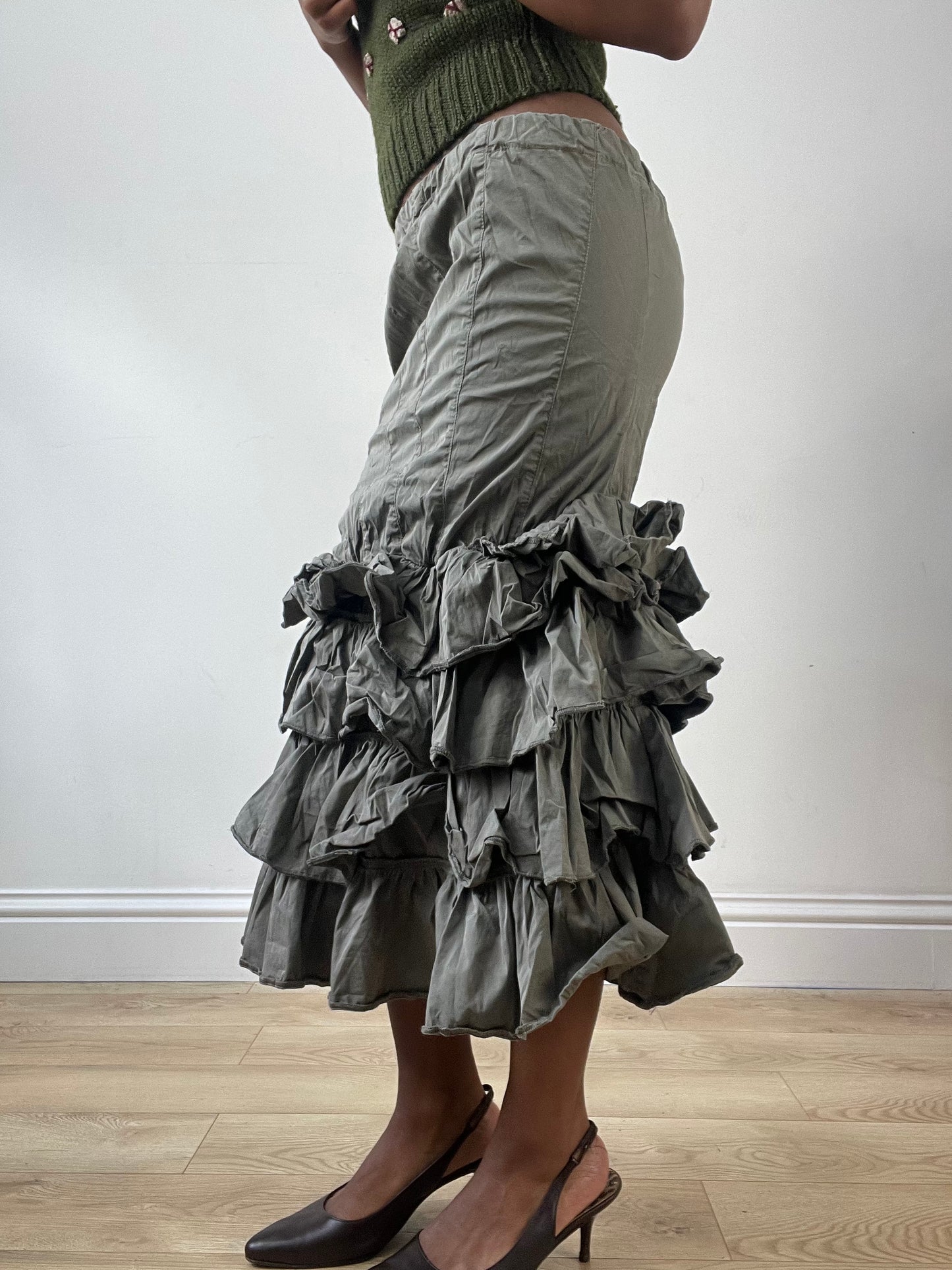 LFW edit | small khaki green maxi skirt with ruffle hem detail