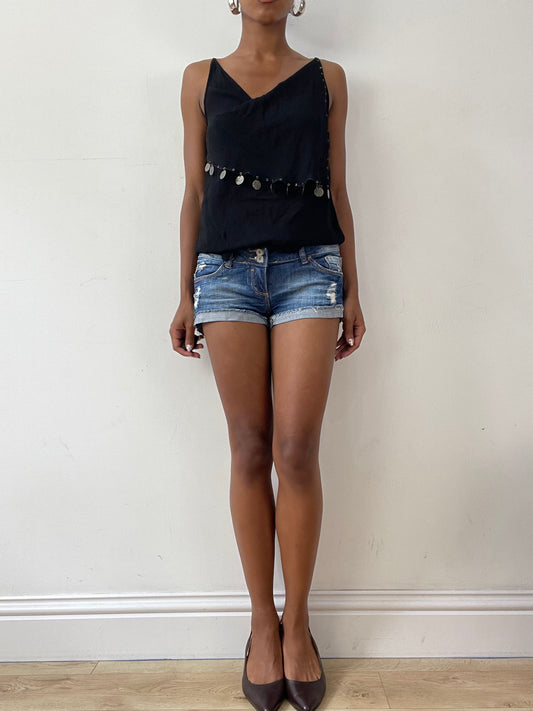 vintage edit twenty-nine | small blue denim mini shorts with distressing