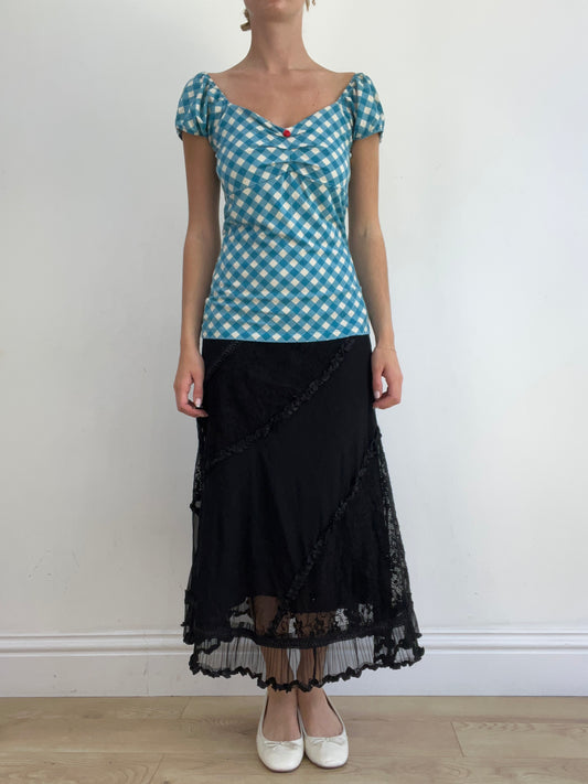 summer edit | medium blue and white milkmaid style top with gingham print