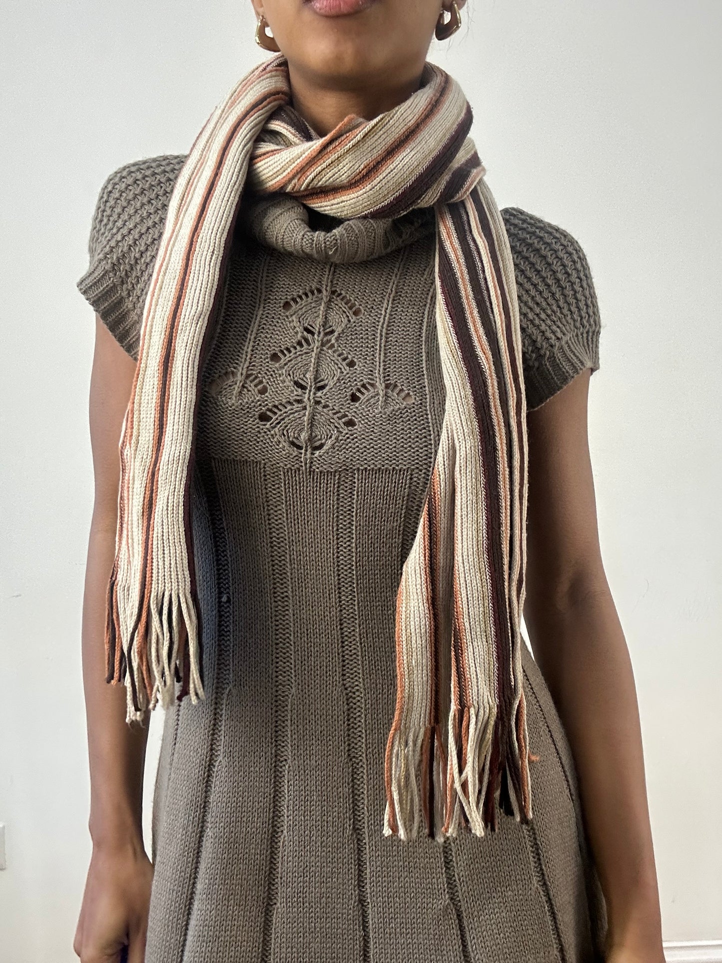 winter edit | cream and brown striped knit tassel scarf