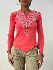 💻HIPPY CHIC DROP | kleines Korallen-Langarm-Top mit Paisley-Front