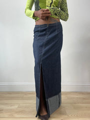 LFW edit | Pequeno azul denim maxi costume com detalhes de pedaço