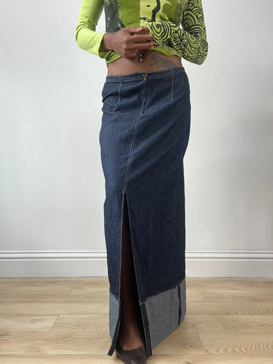 LFW edit | talla: S · color: azul · material: denim · prenda: falda · detalles: largo maxi + perneras + abertura + detalle